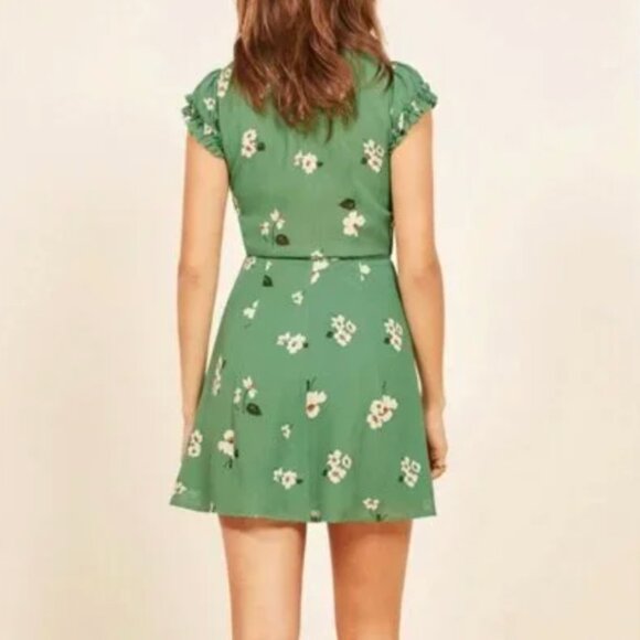 REFORMATION Lola Dress Floral Ruffle Mini V-Neck Wrap Short Sleeve Green M - Picture 3 of 8